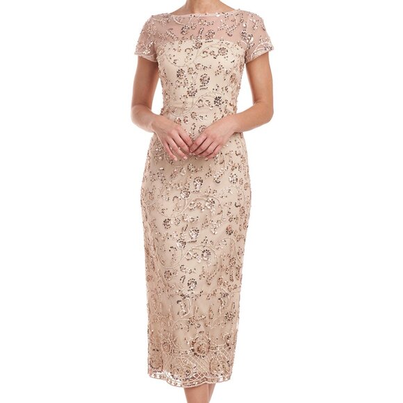 JS Collections Gold Taupe Henley Embroidered Sequin Midi Dress - Picture 1 of 3